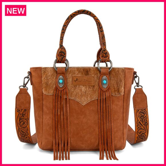 Handbags - Western Crossbody Bag with Tassel Top Handle, Vegan Leather, Adjustable Strap